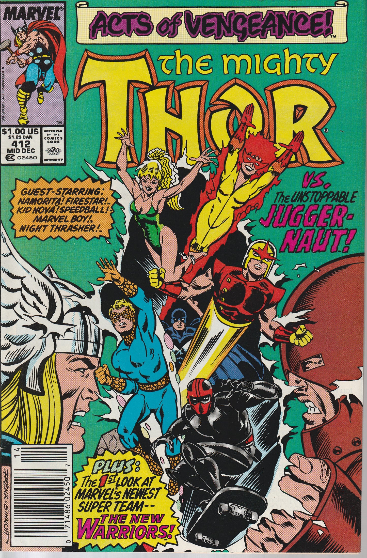 THOR #412 - MARVEL COMICS - DEC 1989 - 1st NEW WARRIORS - NEWSSTAND